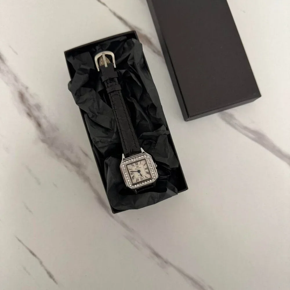 Sku0152 SIlver black strap zircon stones women casual square watch + gift bag